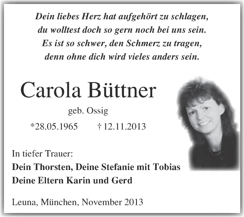  Traueranzeige für Carola Büttner vom 27.11.2013 aus WVG - Wochenspiegel Merseburg