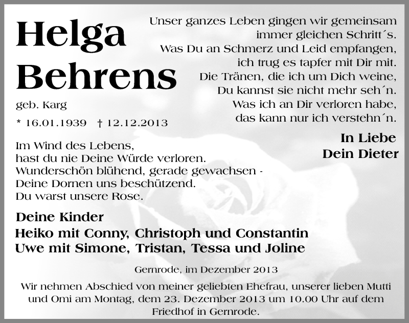  Traueranzeige für Helga Behrens vom 17.12.2013 aus Mitteldeutsche Zeitung Quedlinburg