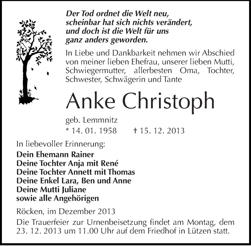  Traueranzeige für Anke Christoph vom 18.12.2013 aus Mitteldeutsche Zeitung Weißenfels
