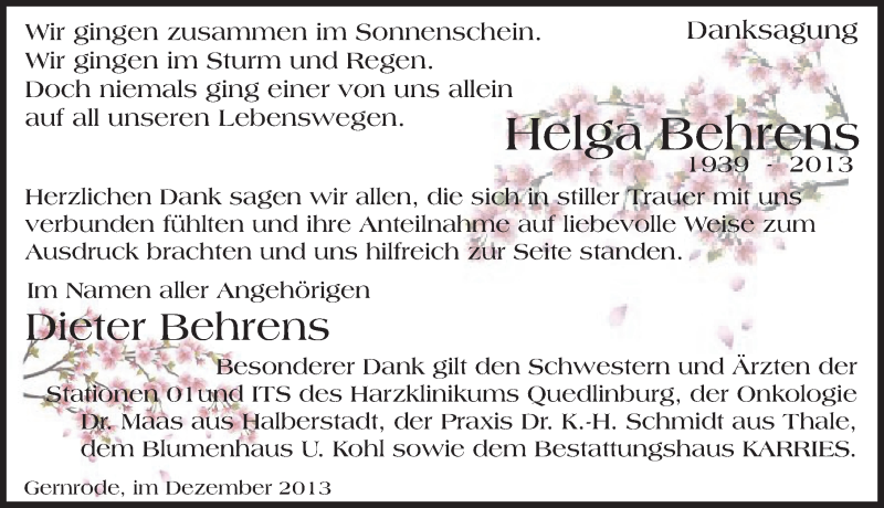  Traueranzeige für Helga Behrens vom 31.12.2013 aus Mitteldeutsche Zeitung Quedlinburg