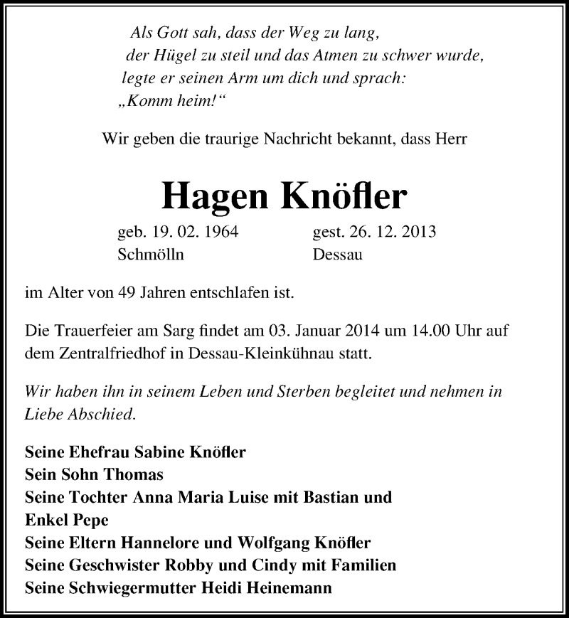  Traueranzeige für Hagen Knöfler vom 31.12.2013 aus Mitteldeutsche Zeitung Dessau-Roßlau
