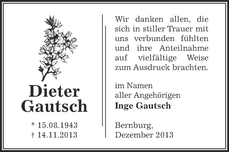  Traueranzeige für Dieter Gautsch vom 01.12.2013 aus Super Sonntag Bernburg