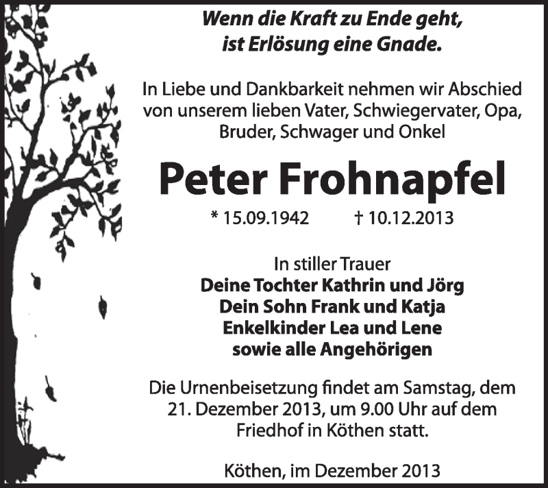  Traueranzeige für Peter Frohnapfel vom 15.12.2013 aus Super Sonntag Dessau / Köthen