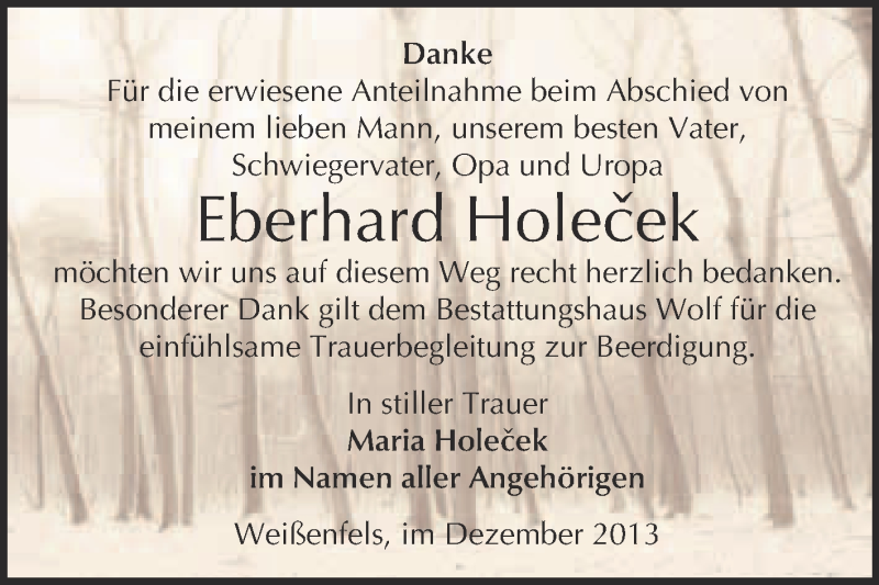  Traueranzeige für Eberhard Holecek vom 18.12.2013 aus WVG - Wochenspiegel NMB / WSF / ZTZ