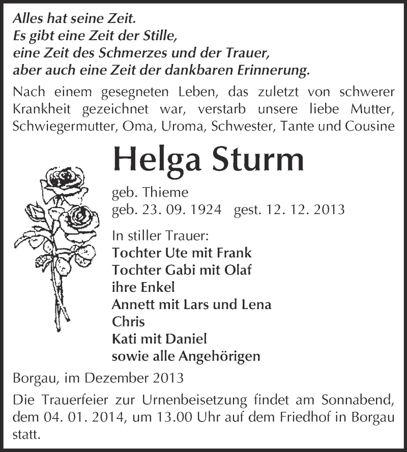  Traueranzeige für Helga Sturm vom 18.12.2013 aus WVG - Wochenspiegel NMB / WSF / ZTZ