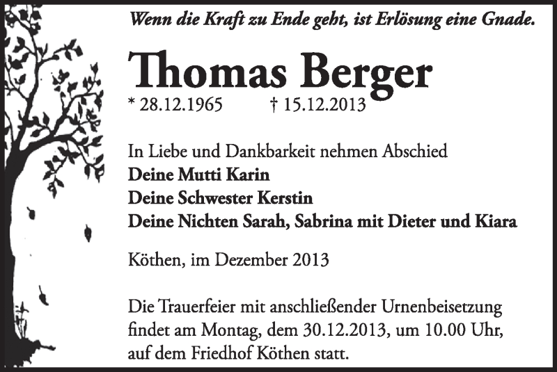  Traueranzeige für Thomas Berger vom 22.12.2013 aus Super Sonntag Dessau / Köthen