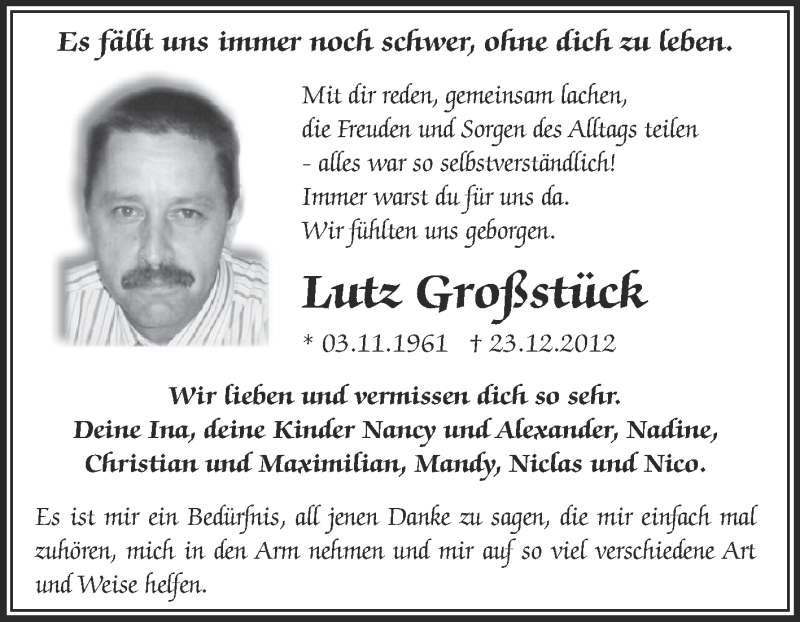  Traueranzeige für Lutz Großstück vom 29.12.2013 aus Super Sonntag Zeitz