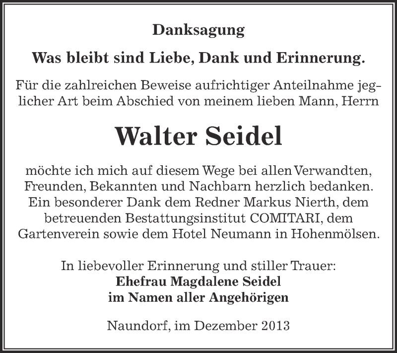  Traueranzeige für Walter Seidel vom 29.12.2013 aus Super Sonntag Zeitz