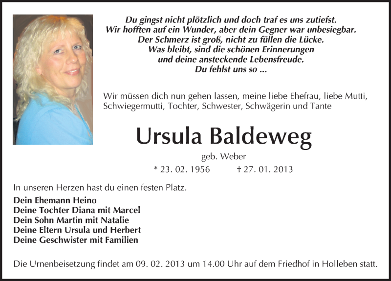  Traueranzeige für Ursula Baldeweg vom 02.02.2013 aus Mitteldeutsche Zeitung Halle/Saalkreis