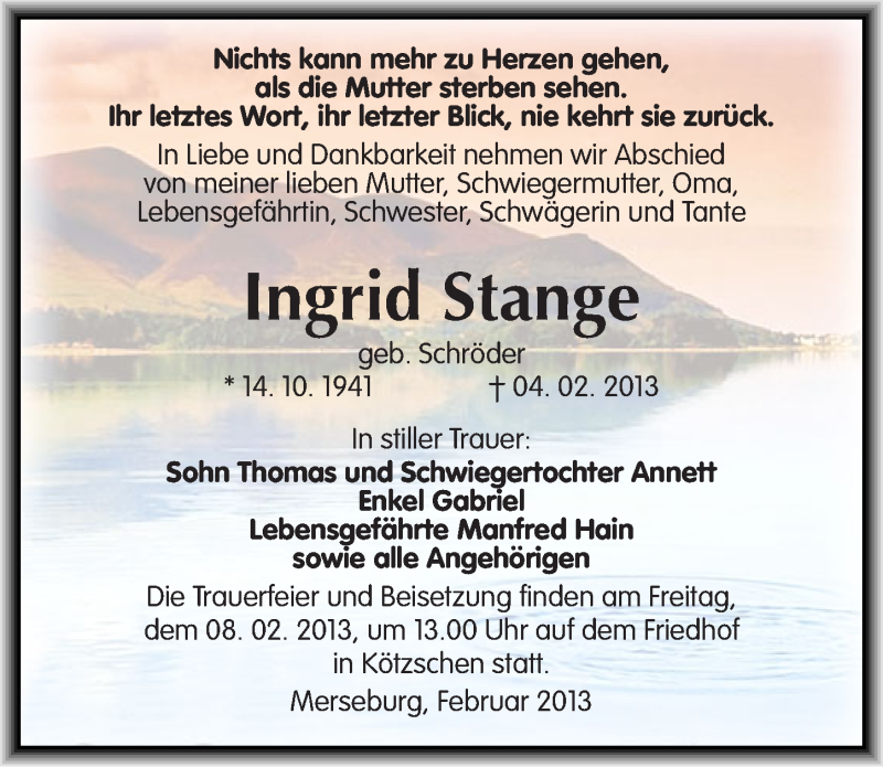  Traueranzeige für Ingrid Stange vom 06.02.2013 aus Mitteldeutsche Zeitung Merseburg/Querfurt