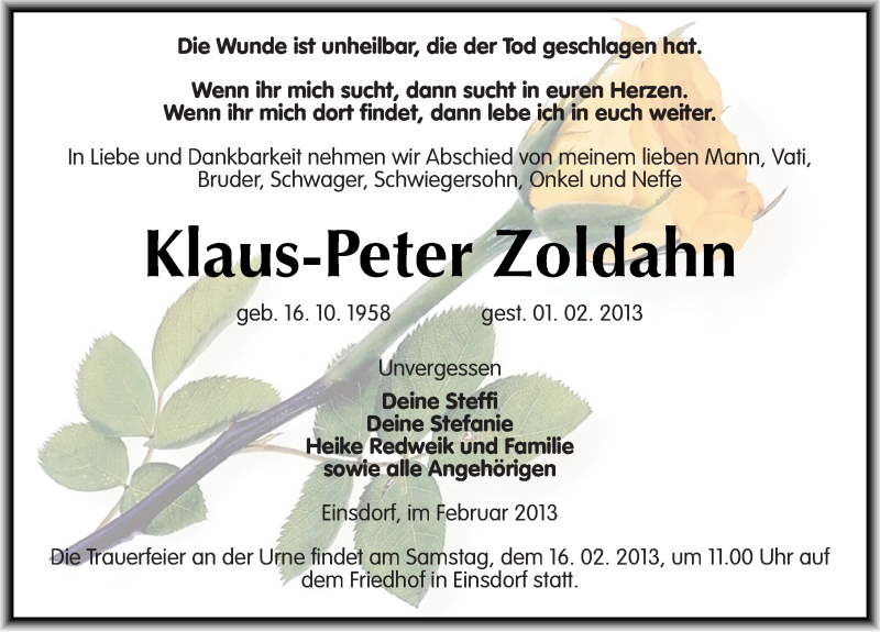  Traueranzeige für Klaus-Peter Zoldahn vom 09.02.2013 aus Mitteldeutsche Zeitung Sangerhausen