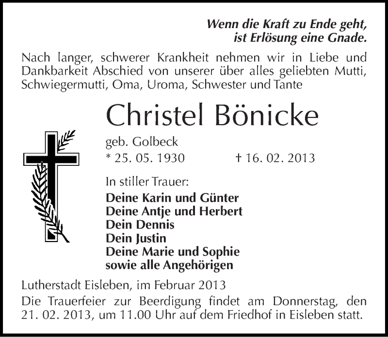  Traueranzeige für Christel Bönicke vom 19.02.2013 aus Mitteldeutsche Zeitung Mansfelder Land