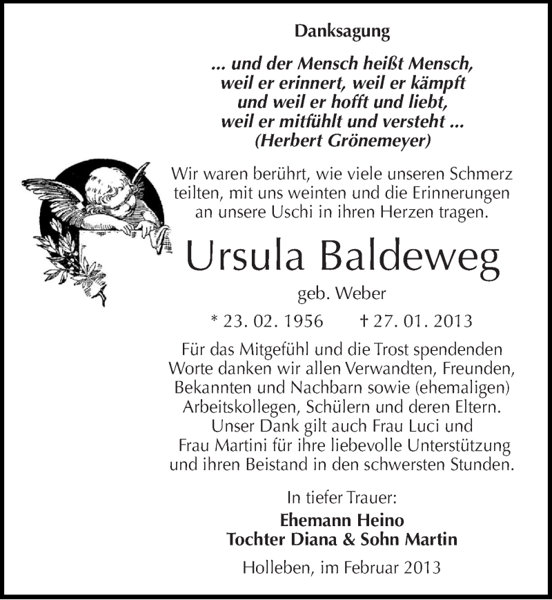  Traueranzeige für Ursula Baldeweg vom 23.02.2013 aus Mitteldeutsche Zeitung Halle/Saalkreis