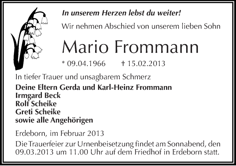  Traueranzeige für Mario Frommann vom 27.02.2013 aus Mitteldeutsche Zeitung Mansfelder Land