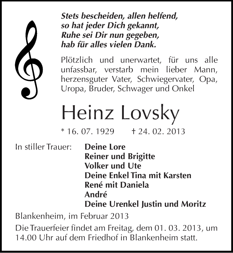  Traueranzeige für Heinz Lovsky vom 27.02.2013 aus Mitteldeutsche Zeitung Sangerhausen
