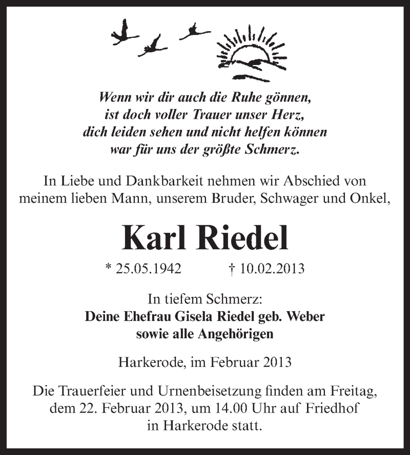  Traueranzeige für Karl Riedel vom 13.02.2013 aus Mitteldeutsche Zeitung Aschersleben
