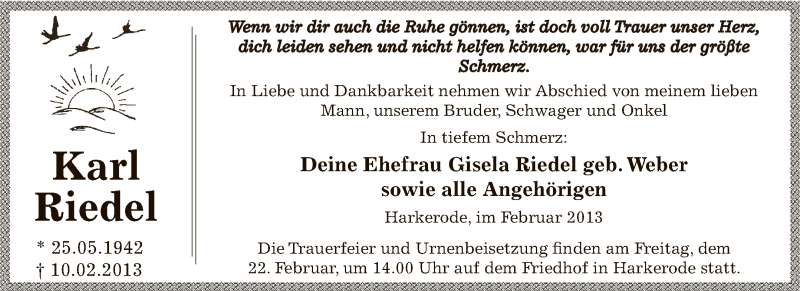  Traueranzeige für Karl Riedel vom 13.02.2013 aus Mitteldeutsche Zeitung Mansfelder Land