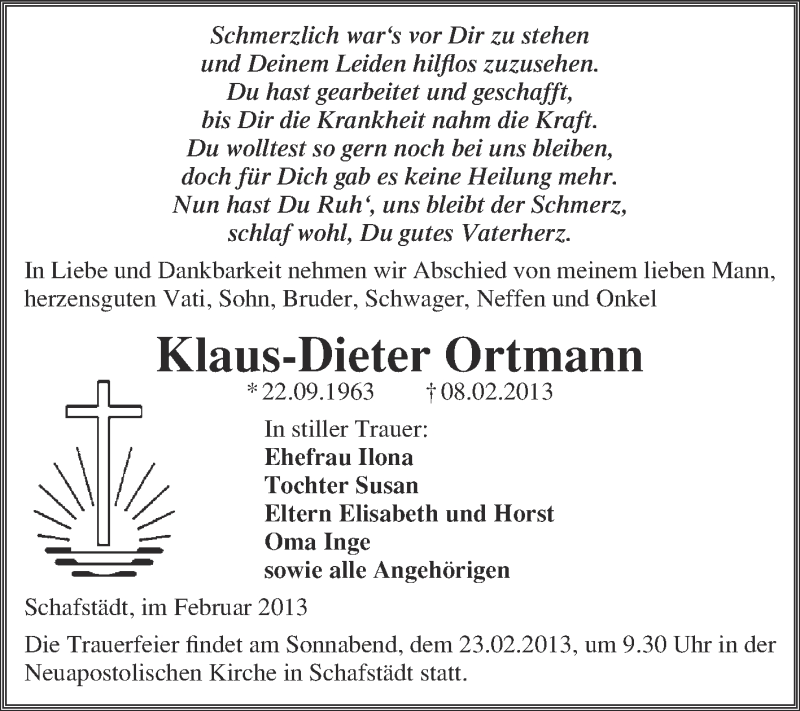  Traueranzeige für Klaus-Dieter Ortmann vom 17.02.2013 aus Mitteldeutsche Zeitung Merseburg/Querfurt