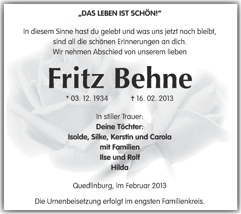  Traueranzeige für Fritz Behne vom 27.02.2013 aus WVG - Wochenspiegel Quedlinburg