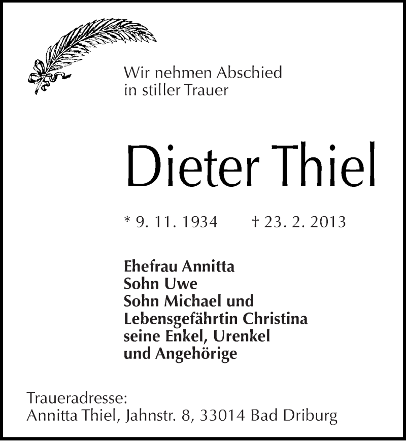  Traueranzeige für Dieter Thiel vom 02.03.2013 aus Mitteldeutsche Zeitung Halle/Saalkreis