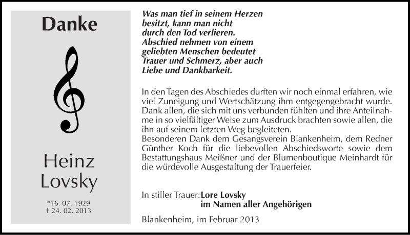  Traueranzeige für Heinz Lovsky vom 16.03.2013 aus Mitteldeutsche Zeitung Sangerhausen