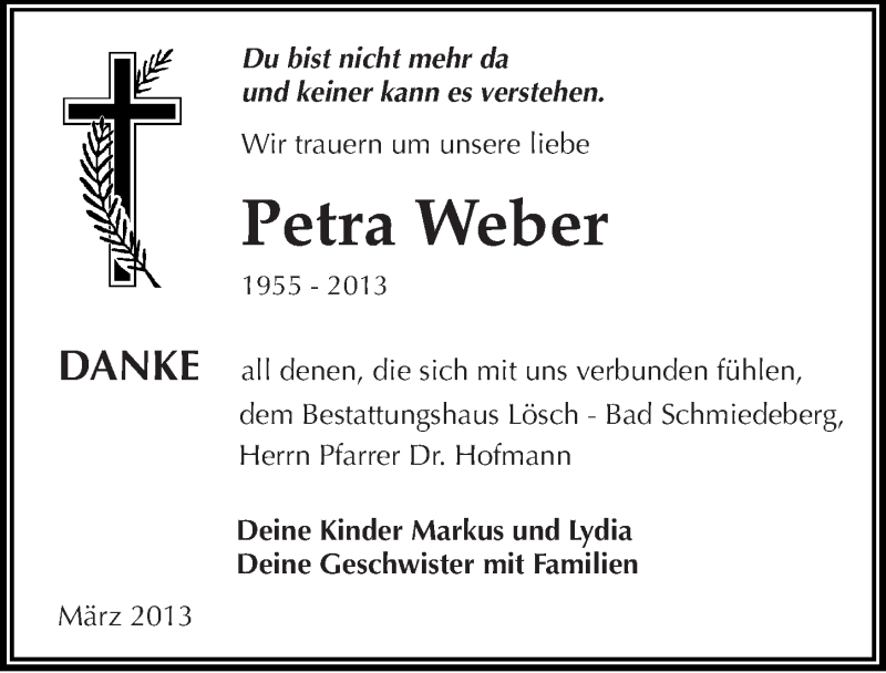  Traueranzeige für Petra Weber vom 27.03.2013 aus Mitteldeutsche Zeitung Wittenberg