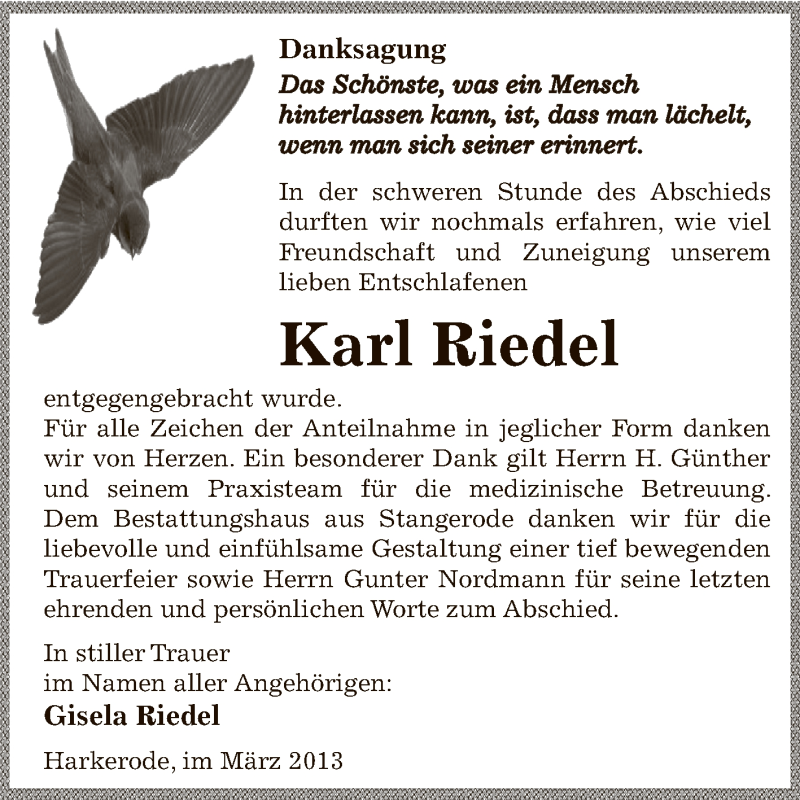  Traueranzeige für Karl Riedel vom 06.03.2013 aus Wochenspiegel Mansfelder Land