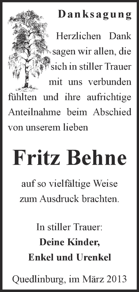  Traueranzeige für Fritz Behne vom 13.03.2013 aus WVG - Wochenspiegel Quedlinburg