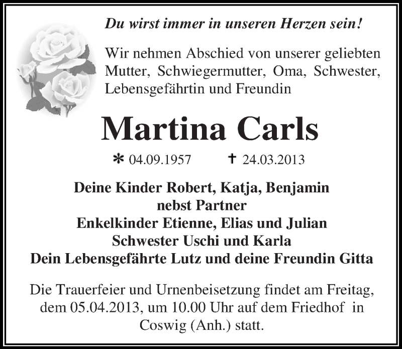  Traueranzeige für Martina Carls vom 03.04.2013 aus Mitteldeutsche Zeitung Wittenberg