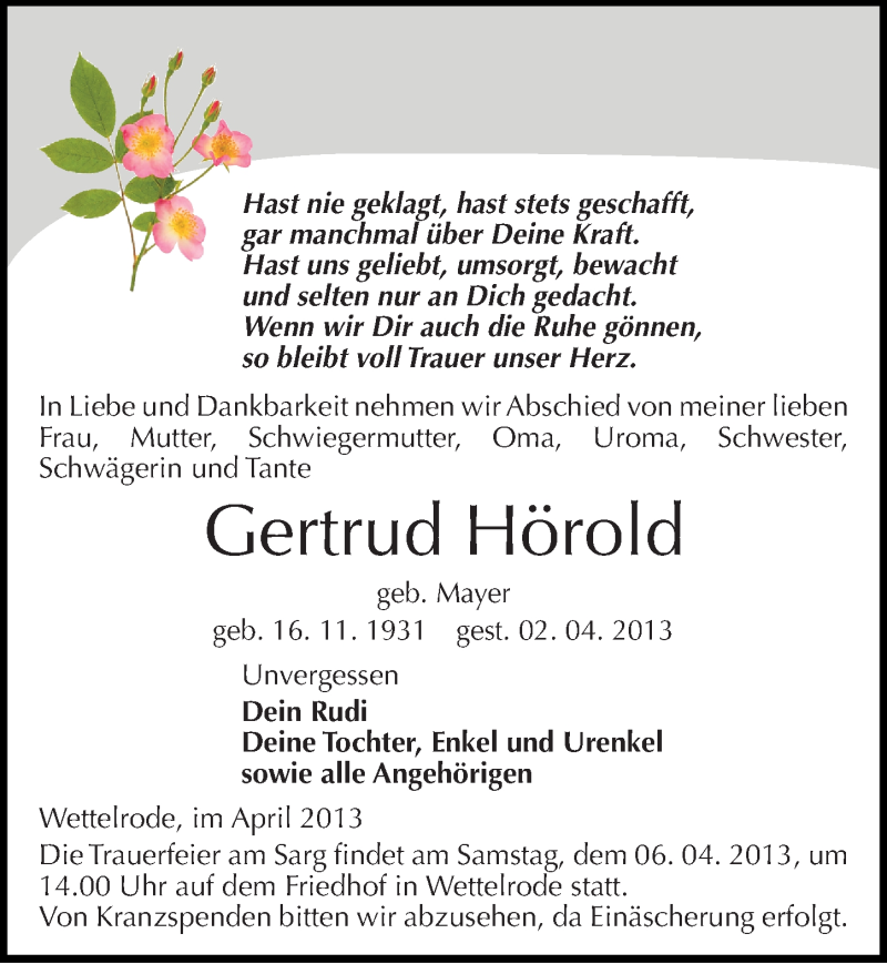  Traueranzeige für Gertrud Hörold vom 04.04.2013 aus Mitteldeutsche Zeitung Sangerhausen