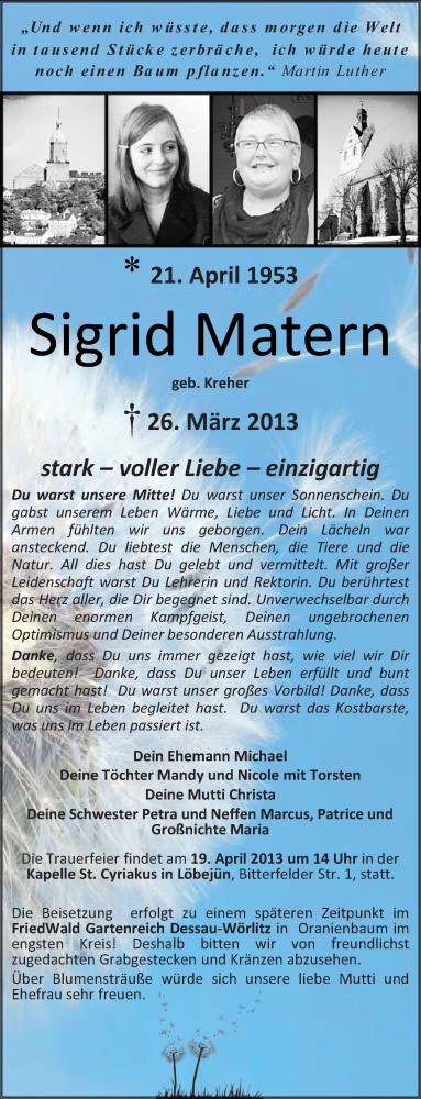  Traueranzeige für Sigrid Matern vom 06.04.2013 aus Mitteldeutsche Zeitung Halle/Saalkreis