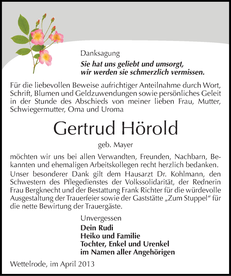  Traueranzeige für Gertrud Hörold vom 11.04.2013 aus Mitteldeutsche Zeitung Sangerhausen