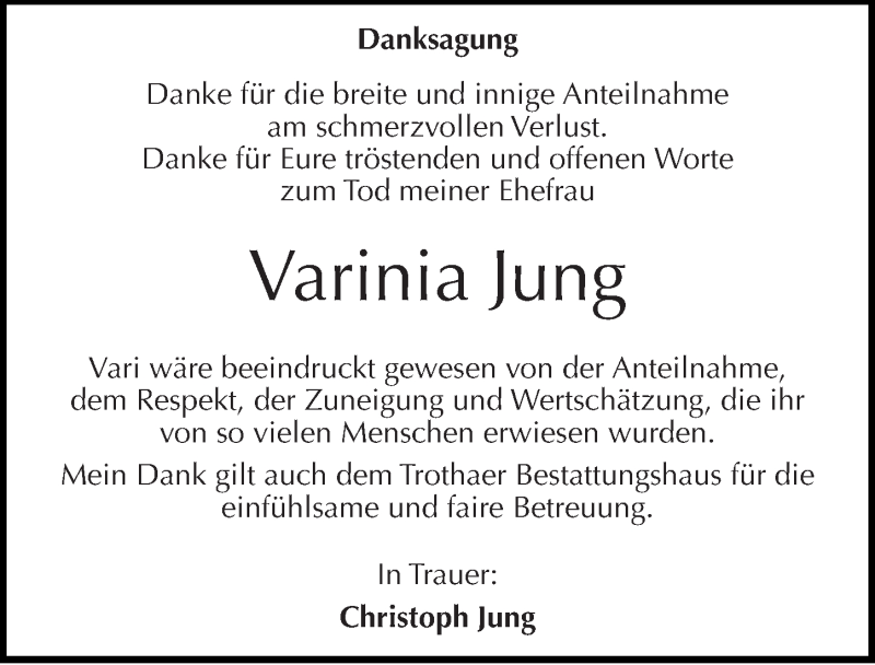  Traueranzeige für Varinia Jung vom 20.04.2013 aus Mitteldeutsche Zeitung Halle/Saalkreis