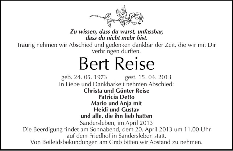  Traueranzeige für Bert Reise vom 18.04.2013 aus Mitteldeutsche Zeitung Aschersleben
