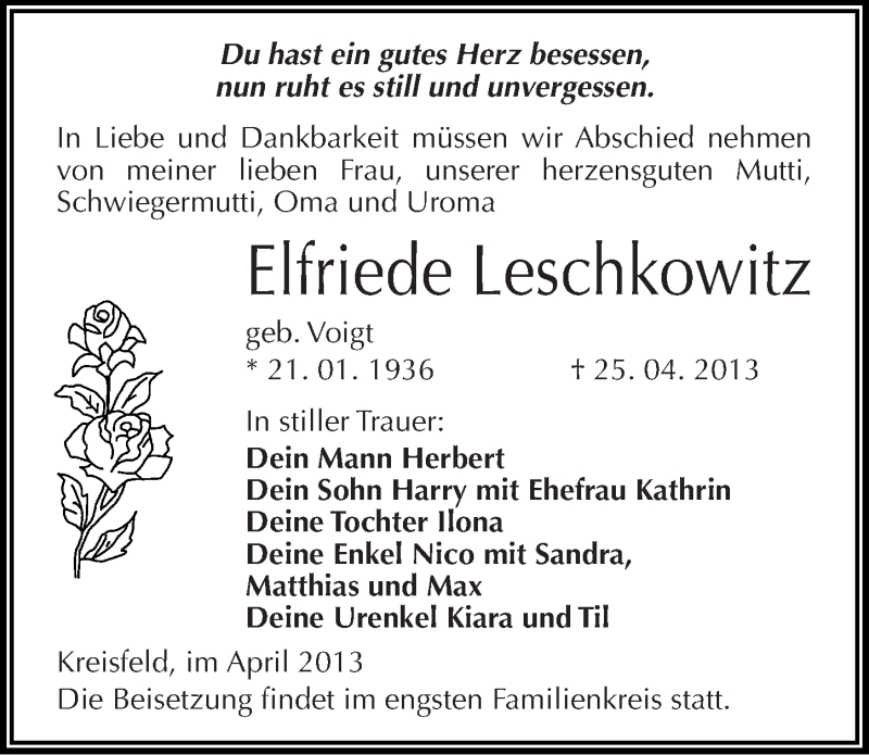  Traueranzeige für Elfriede Leschkowitz vom 27.04.2013 aus Mitteldeutsche Zeitung Aschersleben