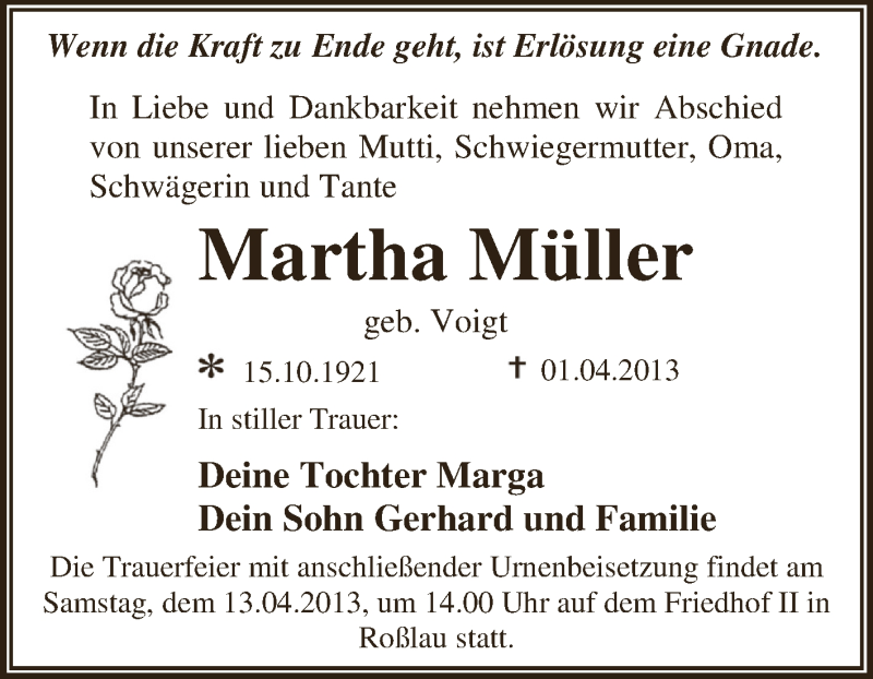  Traueranzeige für Martha Müller vom 10.04.2013 aus WVG - Wochenspiegel Dessau / Köthen