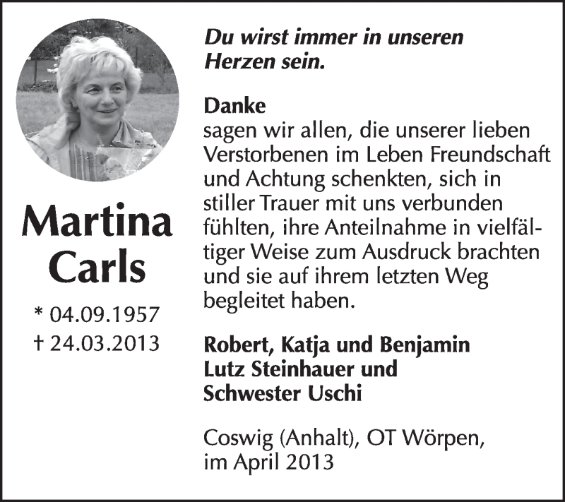  Traueranzeige für Martina Carls vom 14.04.2013 aus Super Sonntag Wittenberg