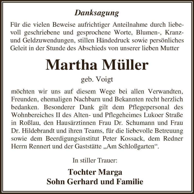  Traueranzeige für Martha Müller vom 24.04.2013 aus WVG - Wochenspiegel Dessau / Köthen