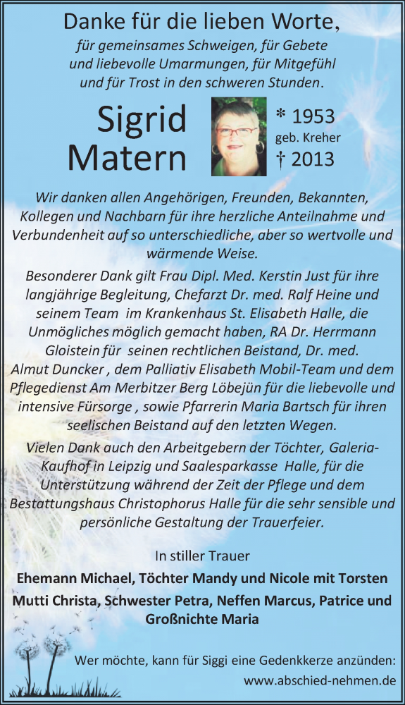  Traueranzeige für Sigrid Matern vom 04.05.2013 aus Mitteldeutsche Zeitung Halle/Saalkreis