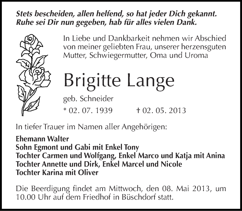  Traueranzeige für Brigitte Lange vom 04.05.2013 aus Mitteldeutsche Zeitung Halle/Saalkreis