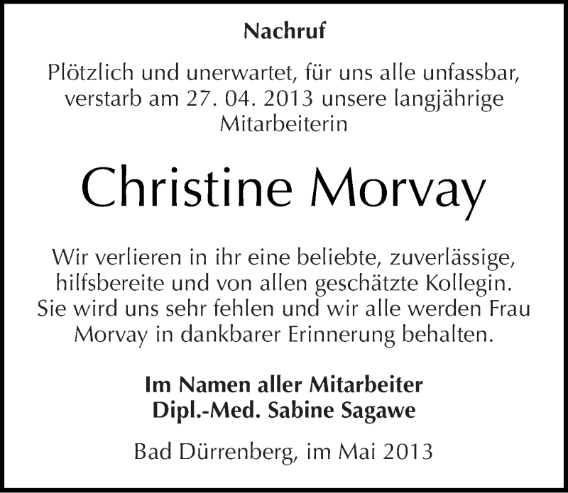  Traueranzeige für Christine Morvay vom 08.05.2013 aus Mitteldeutsche Zeitung Merseburg/Querfurt