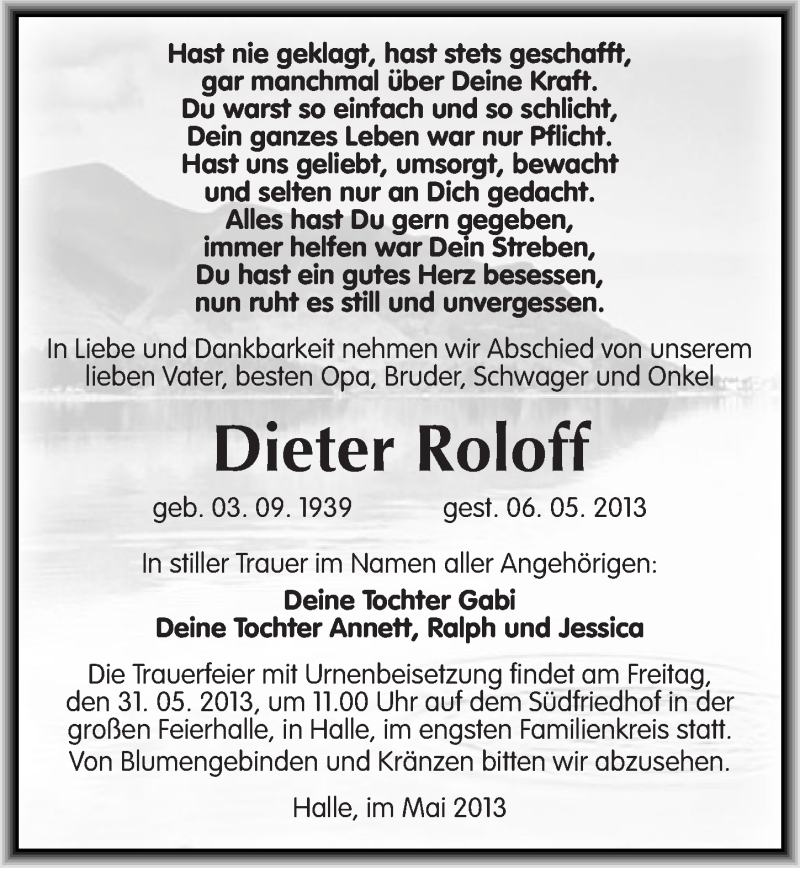  Traueranzeige für Dieter Roloff vom 11.05.2013 aus Mitteldeutsche Zeitung Halle/Saalkreis