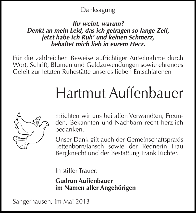  Traueranzeige für Hartmut Auffenbauer vom 17.05.2013 aus Mitteldeutsche Zeitung Sangerhausen
