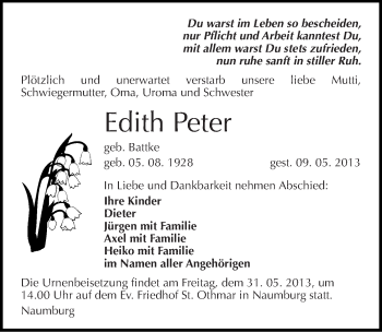 Traueranzeige von Edith Peter von Mitteldeutsche Zeitung Naumburg/Nebra