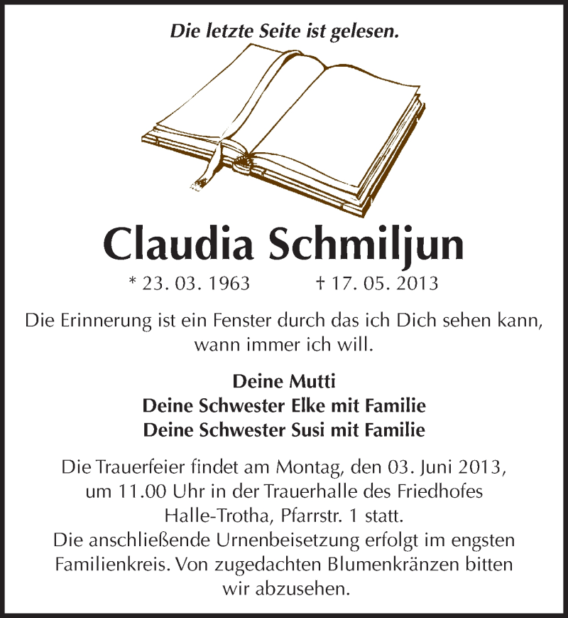  Traueranzeige für Claudia Schmiljun vom 25.05.2013 aus Mitteldeutsche Zeitung Halle/Saalkreis