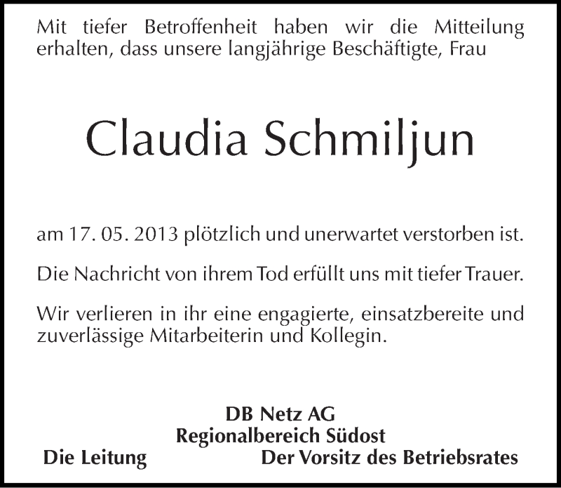  Traueranzeige für Claudia Schmiljun vom 25.05.2013 aus Mitteldeutsche Zeitung Halle/Saalkreis
