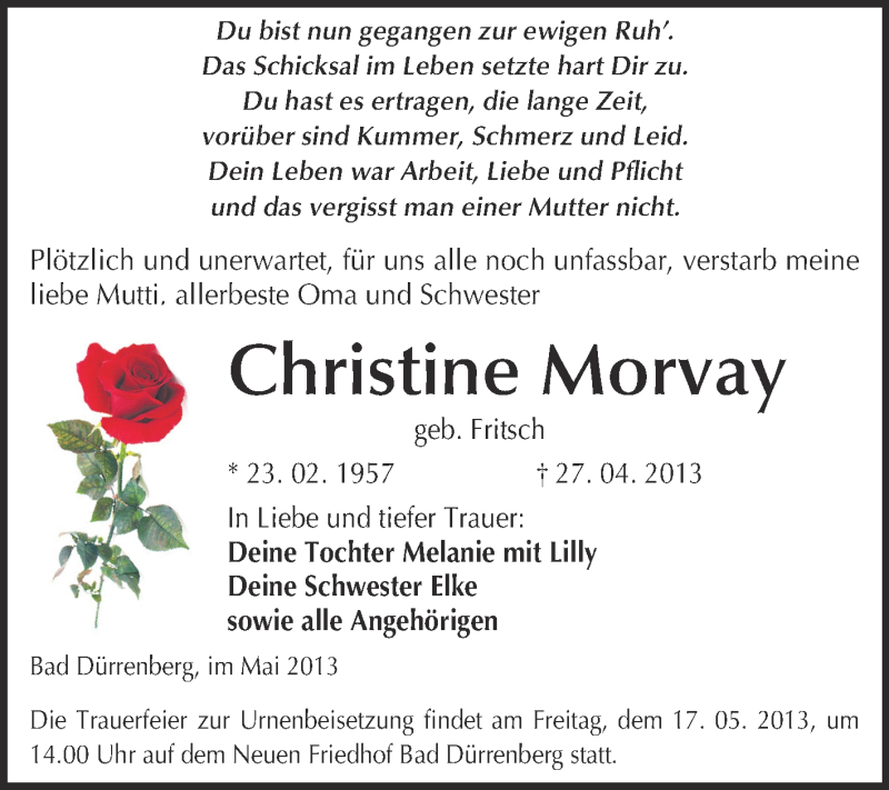  Traueranzeige für Christine Morvay vom 05.05.2013 aus Super Sonntag Merseburg
