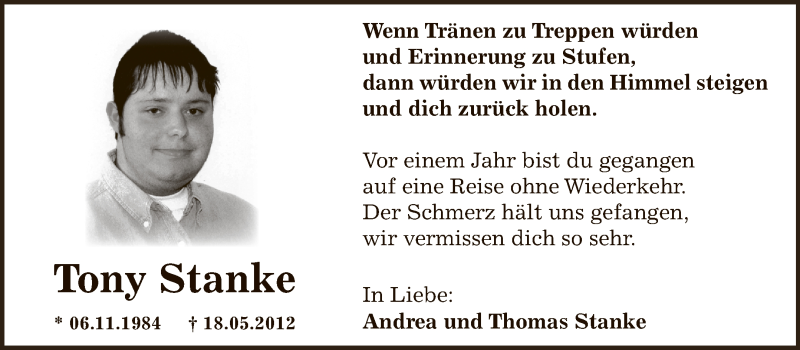  Traueranzeige für Tony Stanke vom 19.05.2013 aus Super Sonntag Zeitz