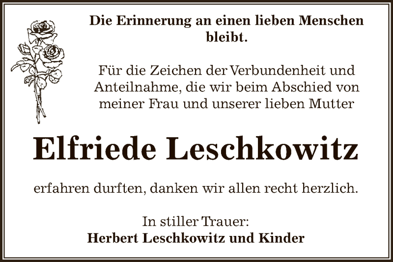  Traueranzeige für Elfriede Leschkowitz vom 29.05.2013 aus Wochenspiegel Mansfelder Land