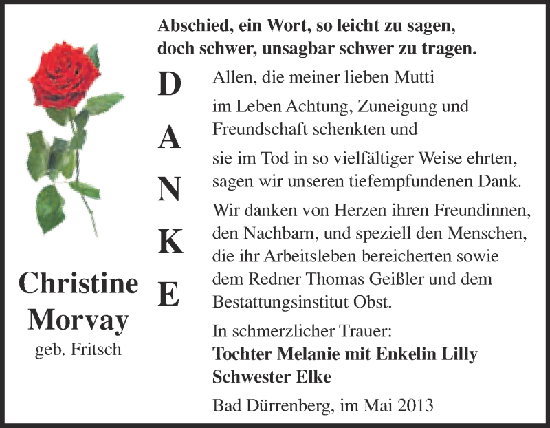  Traueranzeige für Christine Morvay vom 26.05.2013 aus Super Sonntag Merseburg